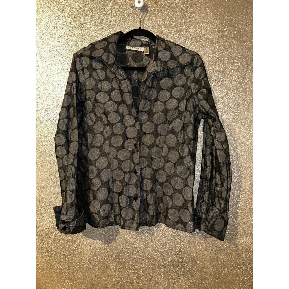 Farinaz Taghvi Old Money Preppy Academia Metallic Polka Dots Button Tailored Top